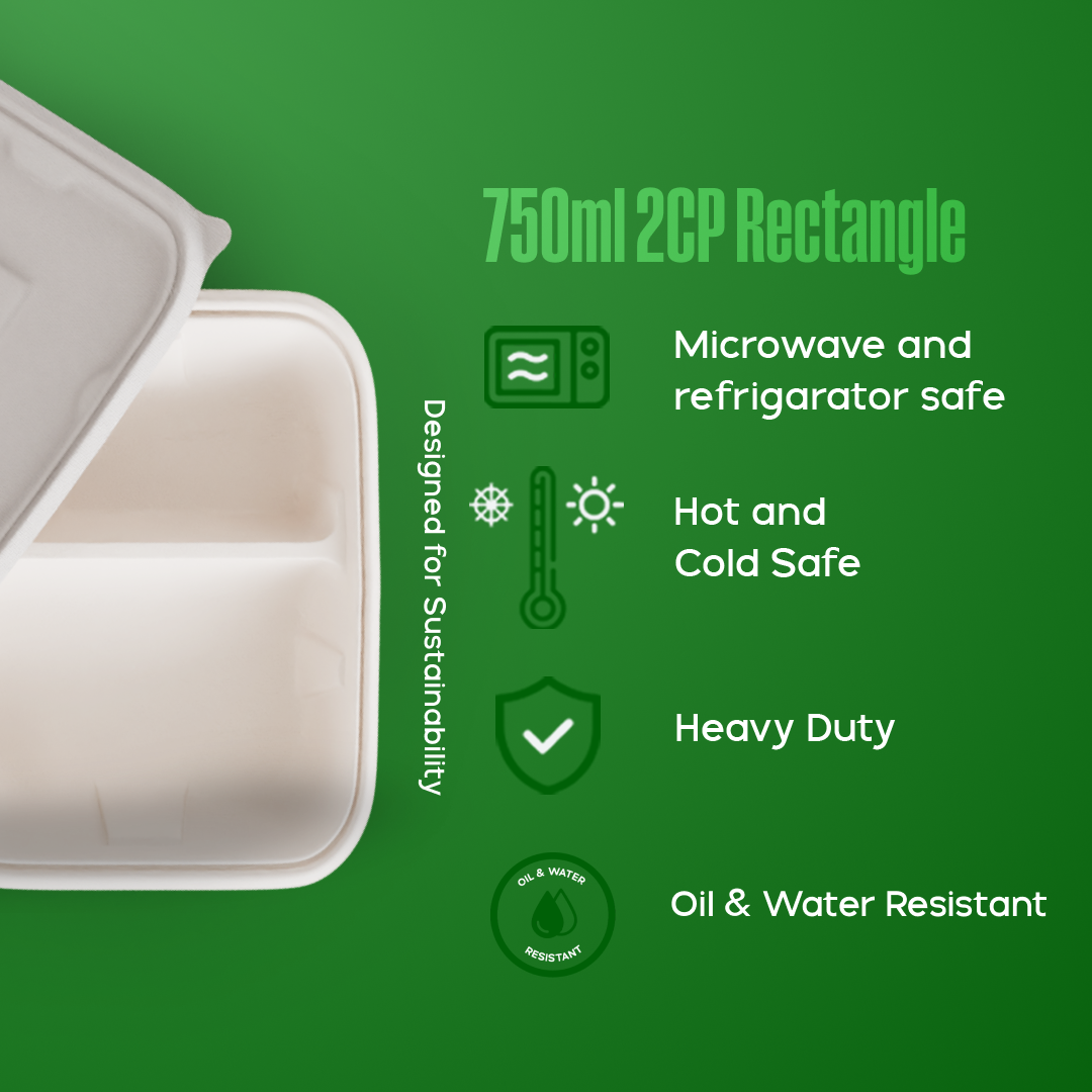 750 ml 2 cp rectangle container - Biodegradable sugarcane bagasse container with lid