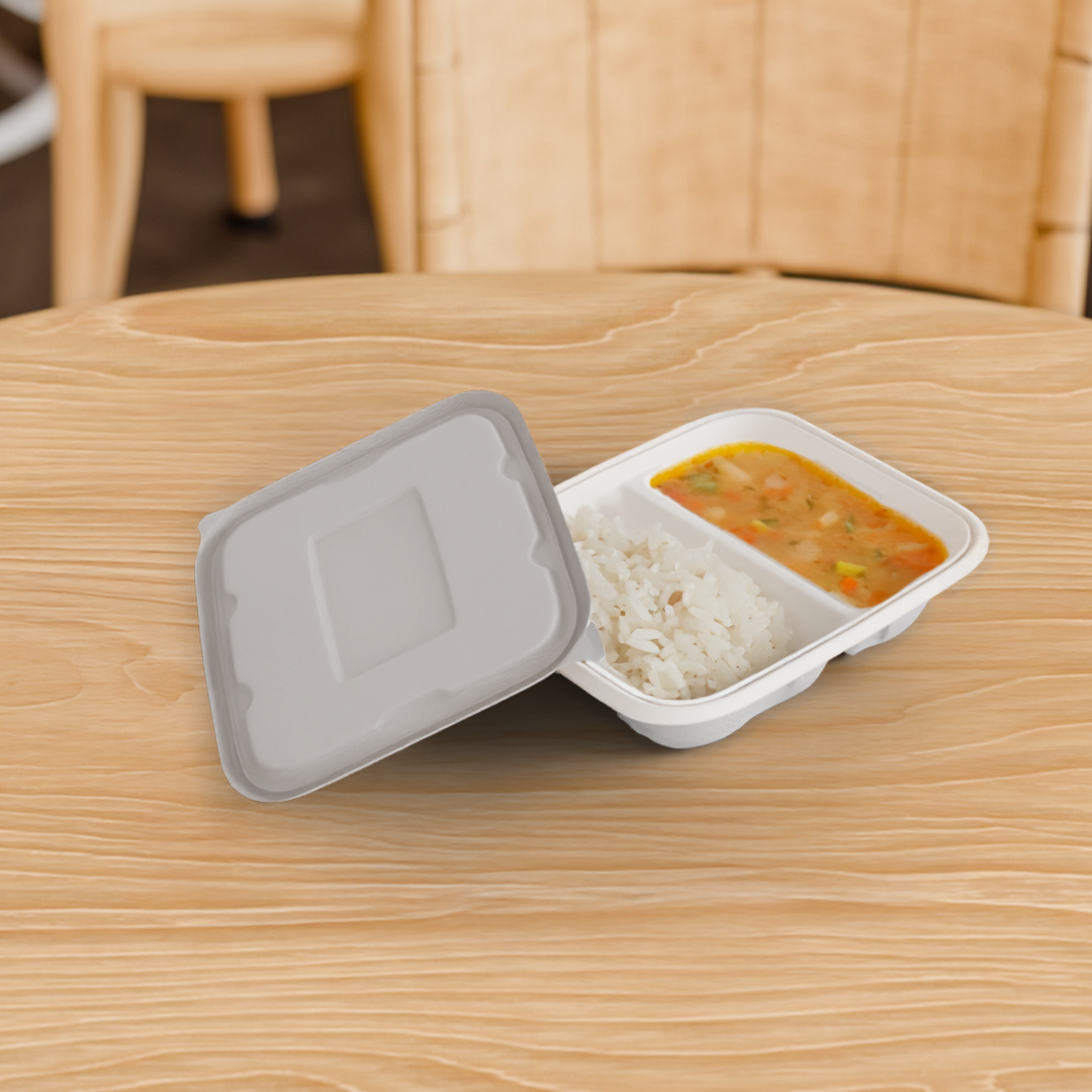 750 ml 2 cp rectangle container - Biodegradable sugarcane bagasse container with lid