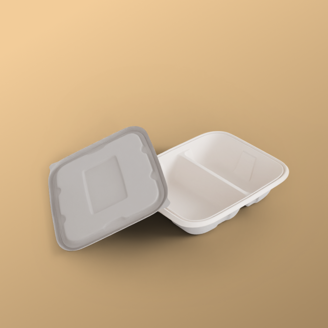 750 ml 2 cp rectangle container - Biodegradable sugarcane bagasse container with lid