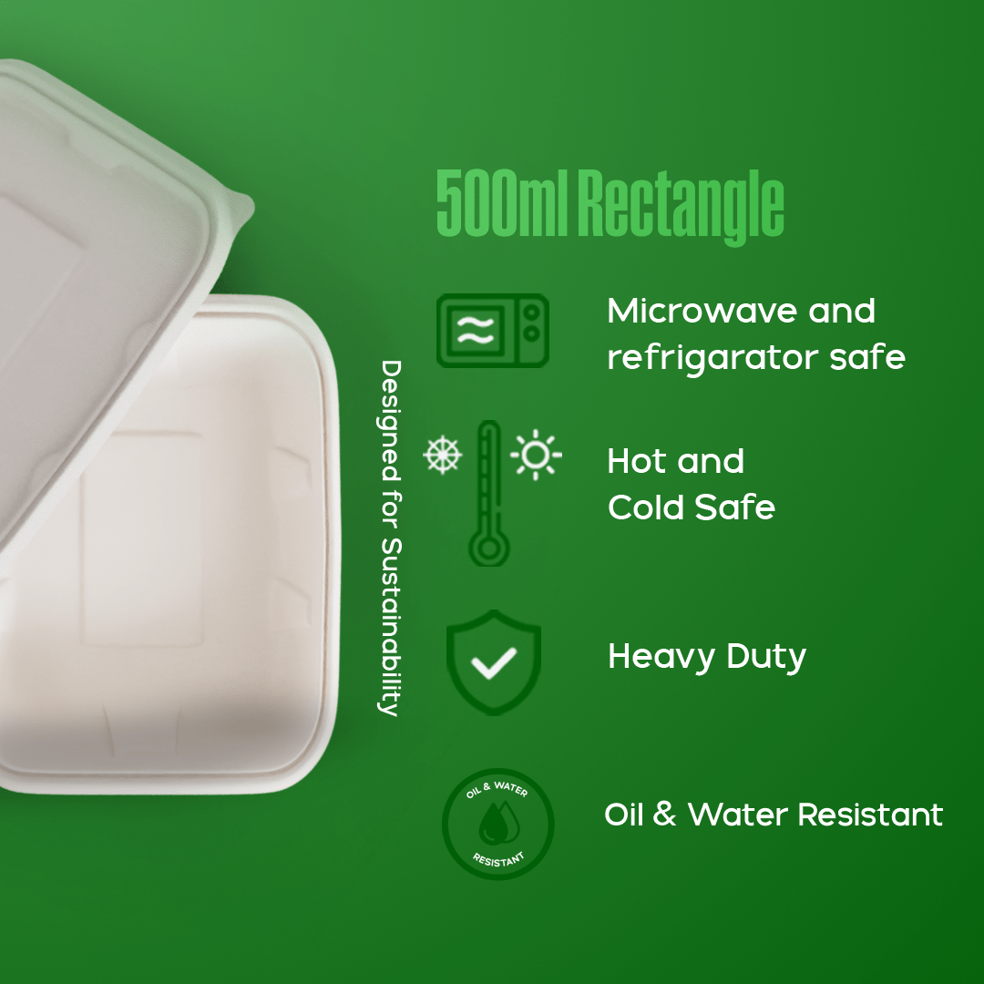500 ml rectangle container - Biodegradable sugarcane bagasse container with lid