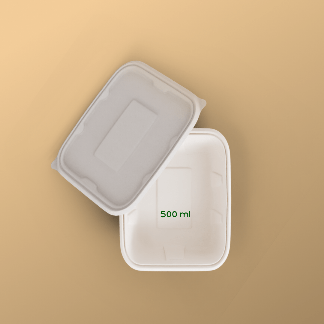 500 ml rectangle container - Biodegradable sugarcane bagasse container with lid