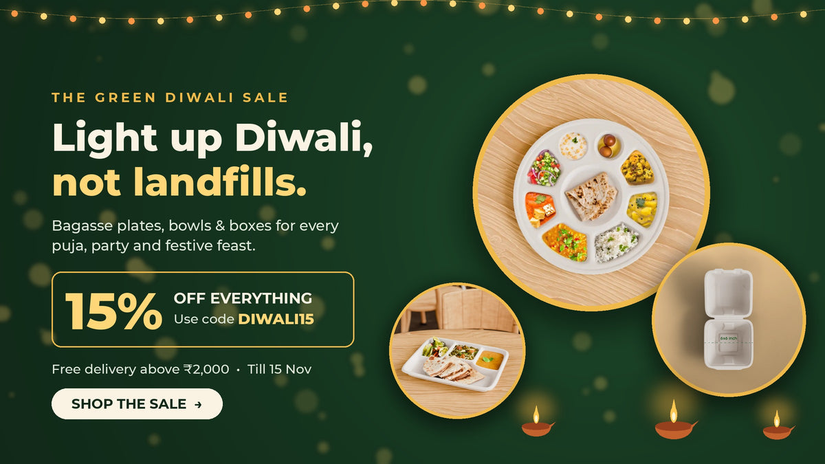 EcoGreenz Green Diwali Sale – 15% off biodegradable bagasse tableware with code DIWALI15, free delivery above ₹2,000