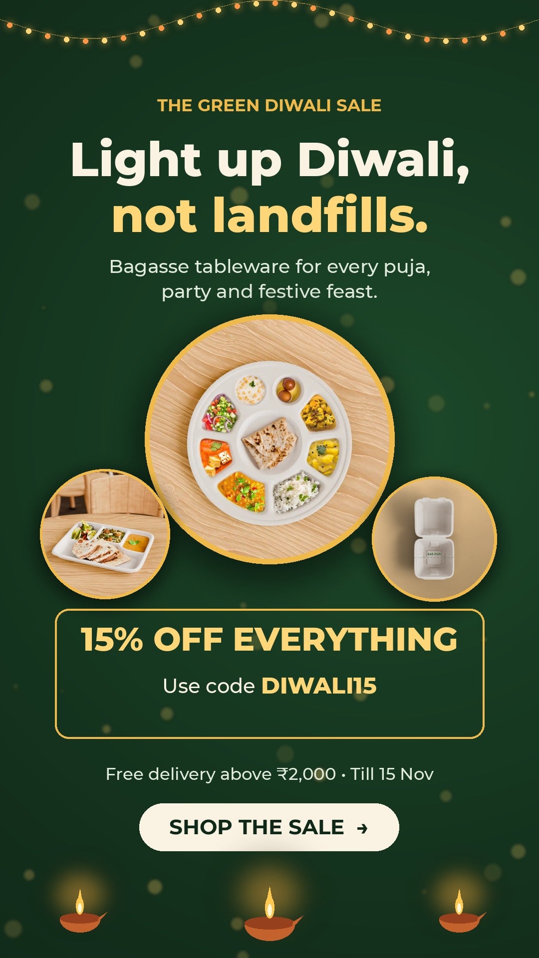 EcoGreenz Green Diwali Sale – 15% off bagasse plates, bowls and boxes with code DIWALI15